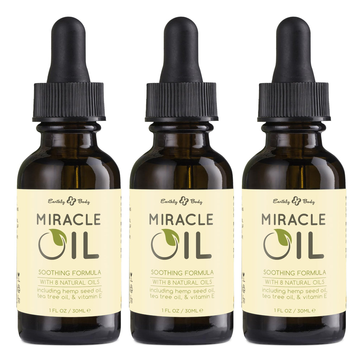 Earthly Body Miracle Oil bottle 1oz for daily skin hydration.