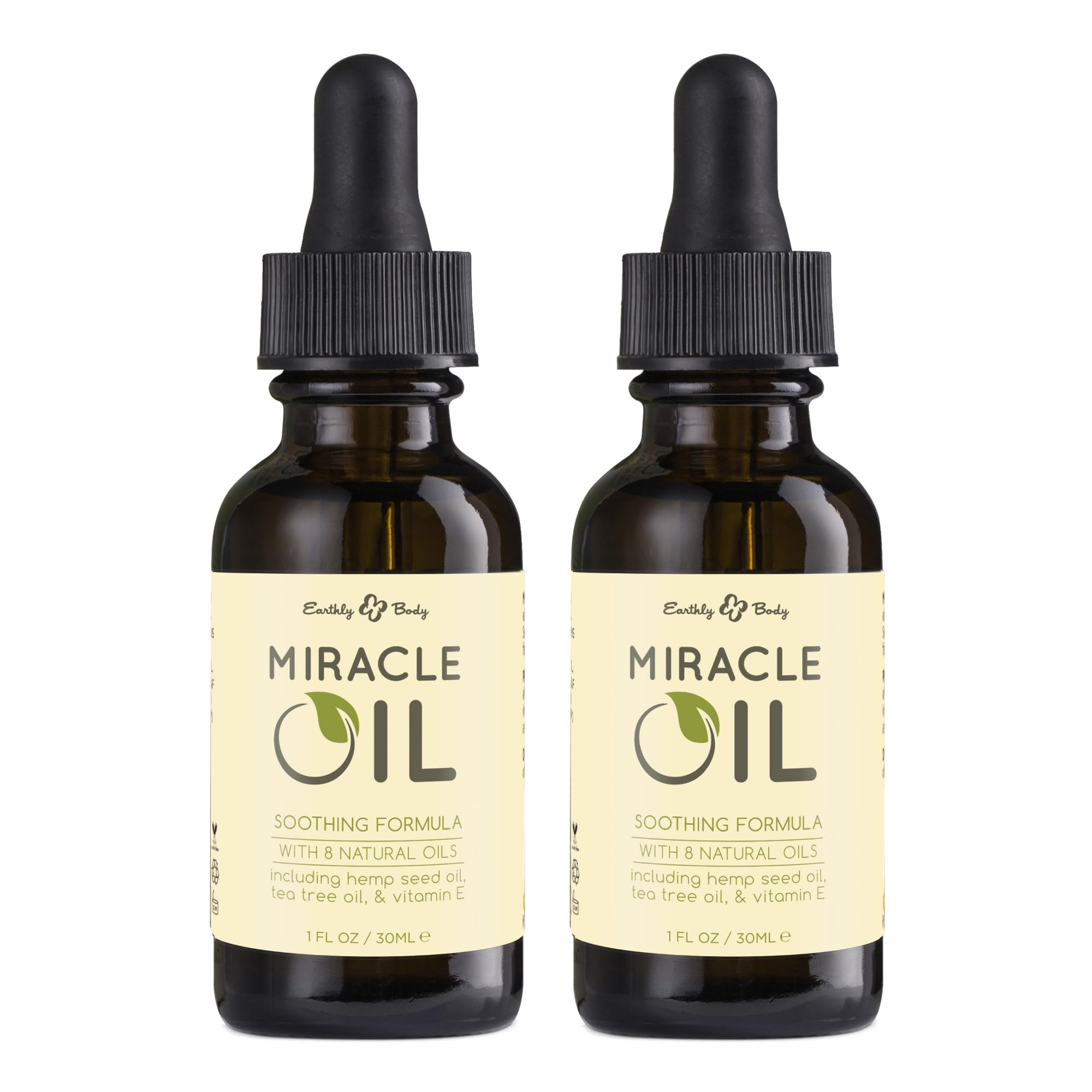Earthly Body Miracle Oil bottle label highlights natural ingredients and vegan formula.