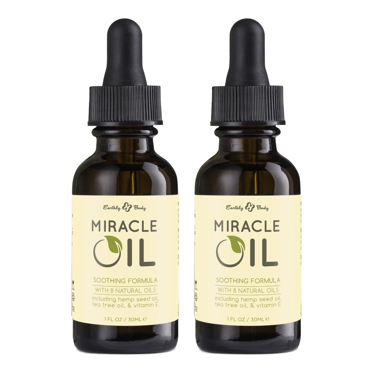 Earthly Body Miracle Oil bottle label highlights natural ingredients and vegan formula.