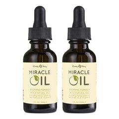 Earthly Body Miracle Oil bottle label highlights natural ingredients and vegan formula.