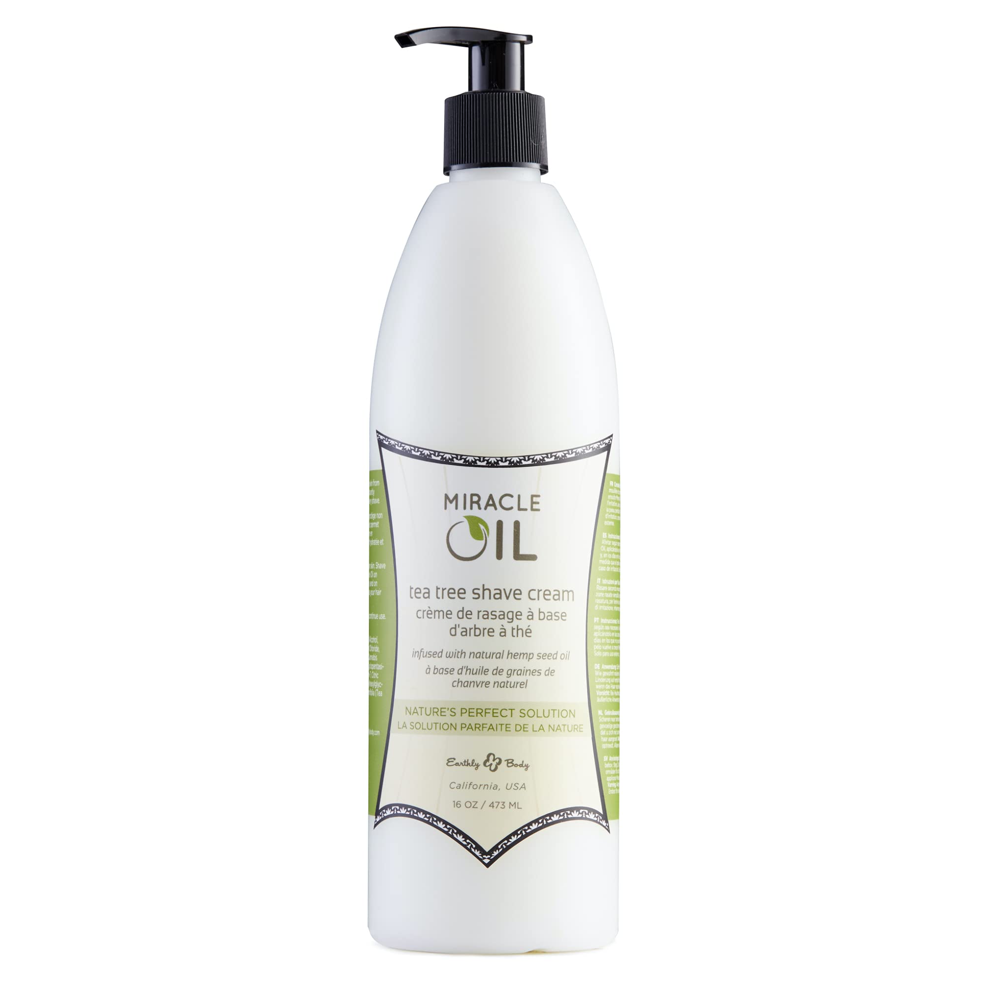 Earthly Body Miracle Oil Shave Cream bottle demonstrating hydration for a smooth shave