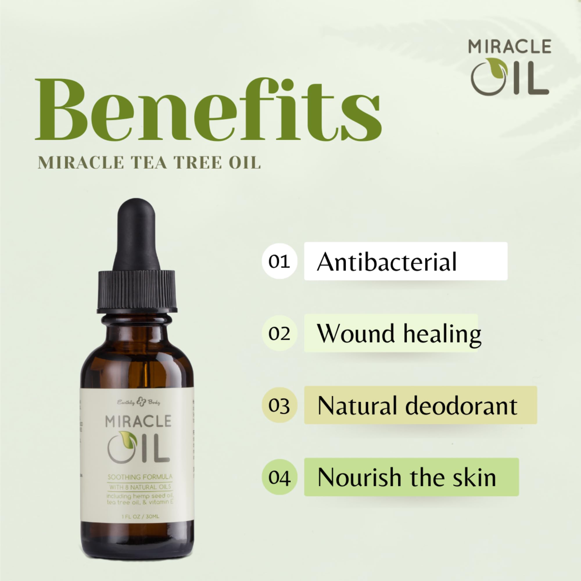 Earthly Body Miracle Oil tea tree essence highlights soothing cleansing properties.
