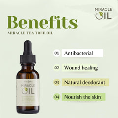 Earthly Body Miracle Oil tea tree essence highlights soothing cleansing properties.