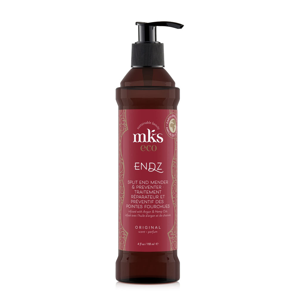 Earthly Body MKS eco Endz bottle front shows nourishing split end care for visibly thicker ends.