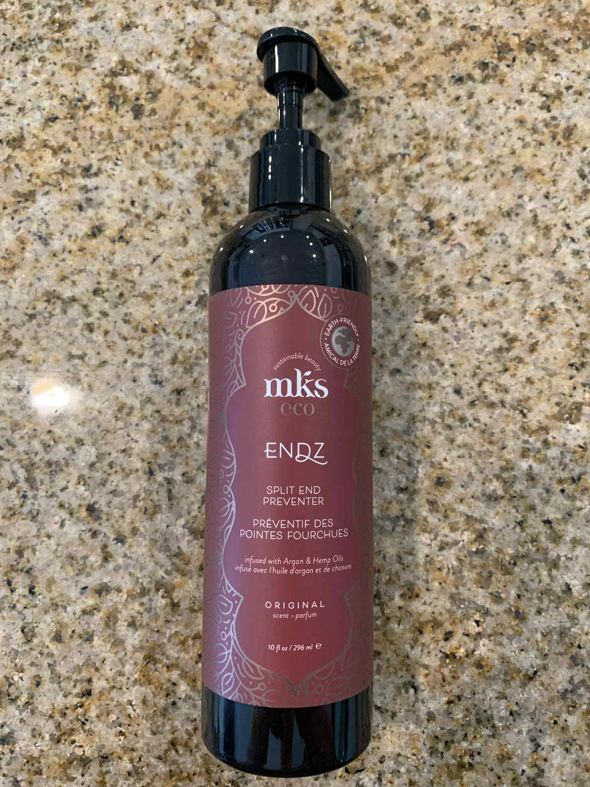 Earthly Body MKS Eco Endz Original Scent bottle pour highlighting argan and hemp oils for smoother ends
