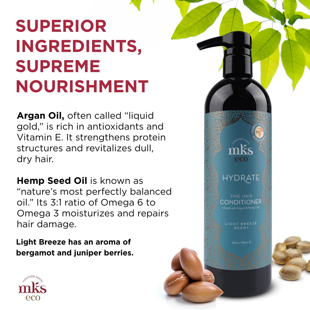 Earthly Body MKS Eco Hydrate conditioner ingredients with argan oil support nourished, smooth strands.