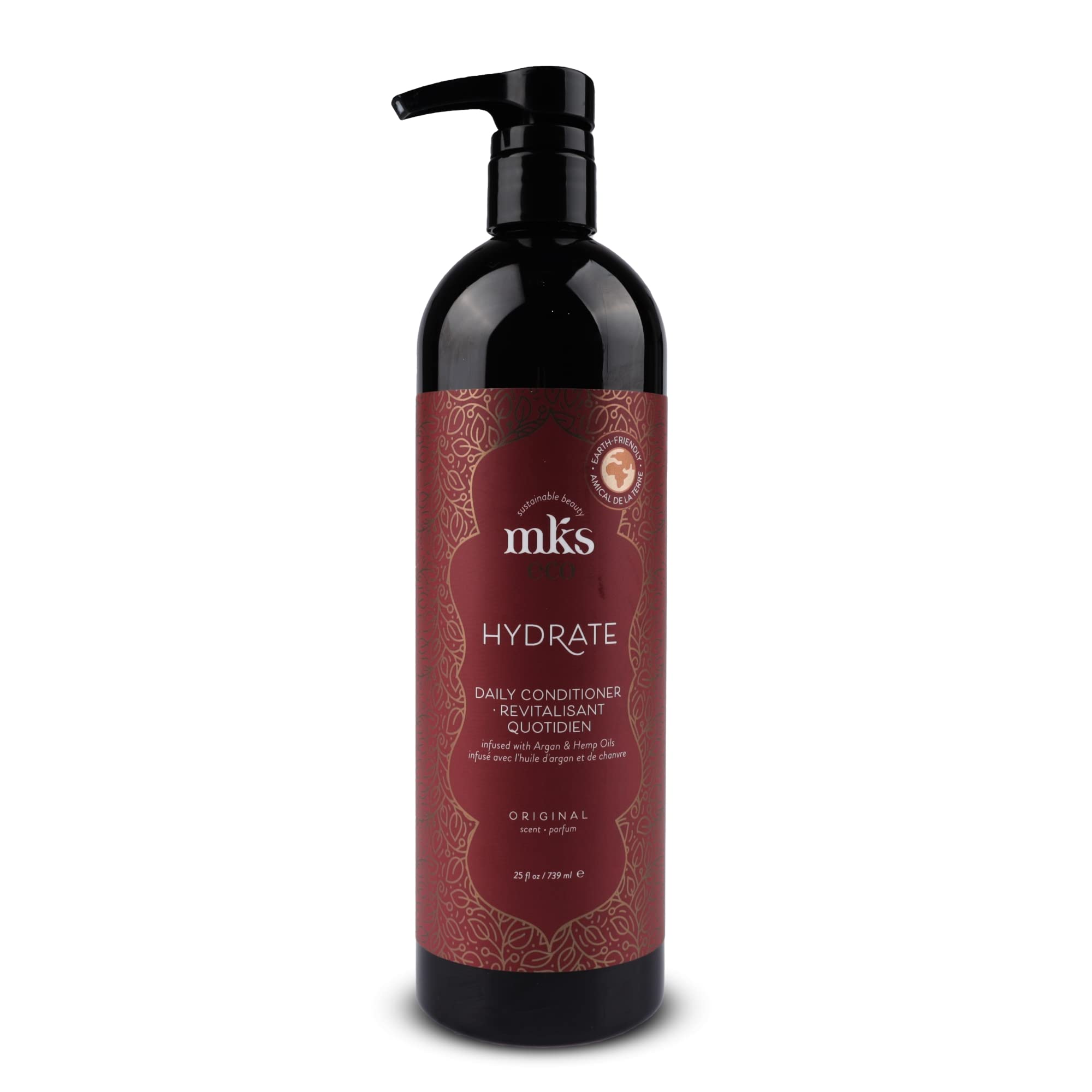 Earthly Body MKS Eco Hydrate Conditioner original scent bottle front, nourishing formula on display.