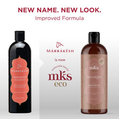 Earthly Body MKS Eco Nourish Shampoo bottle back label highlights vegan, cruelty-free formula