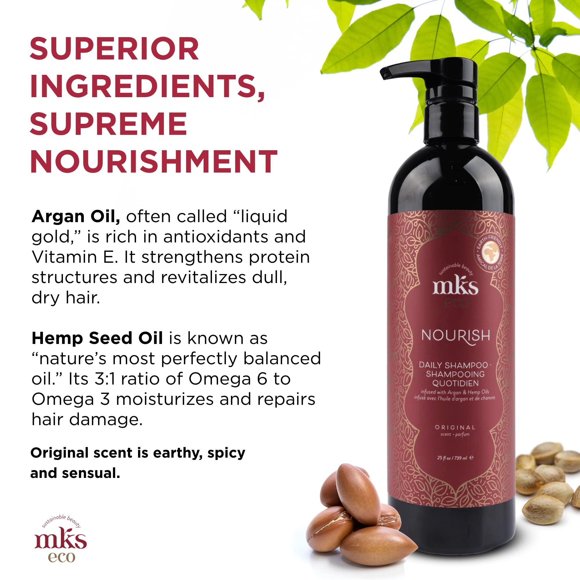 Earthly Body MKS Eco Nourish Shampoo hemp seed oil drops highlight nourishing oils.