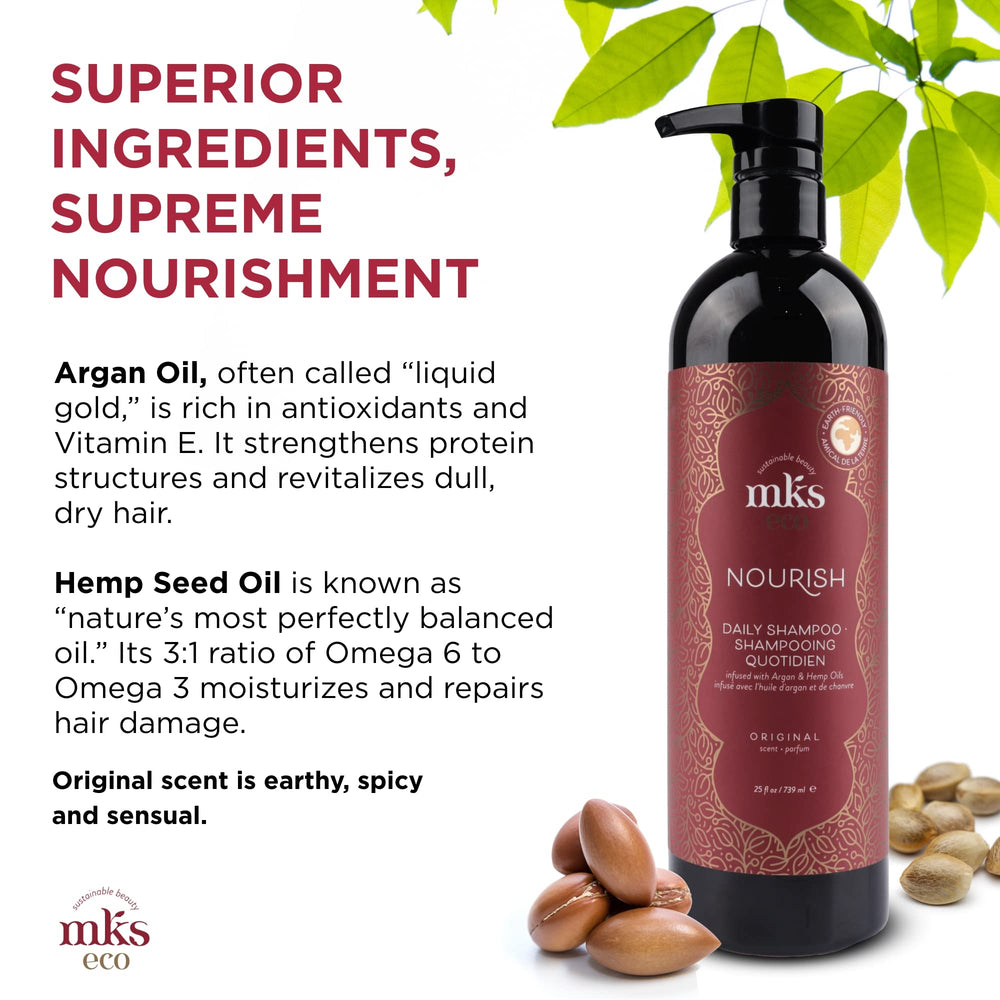 Earthly Body MKS Eco Nourish Shampoo hemp seed oil drops highlight nourishing oils.