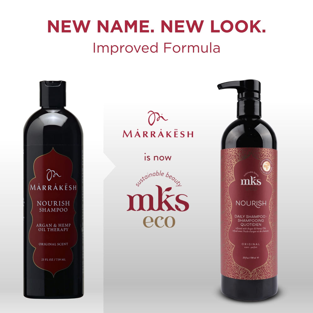 Earthly Body MKS Eco Nourish Shampoo bottle side reveals ingredients and eco packaging.