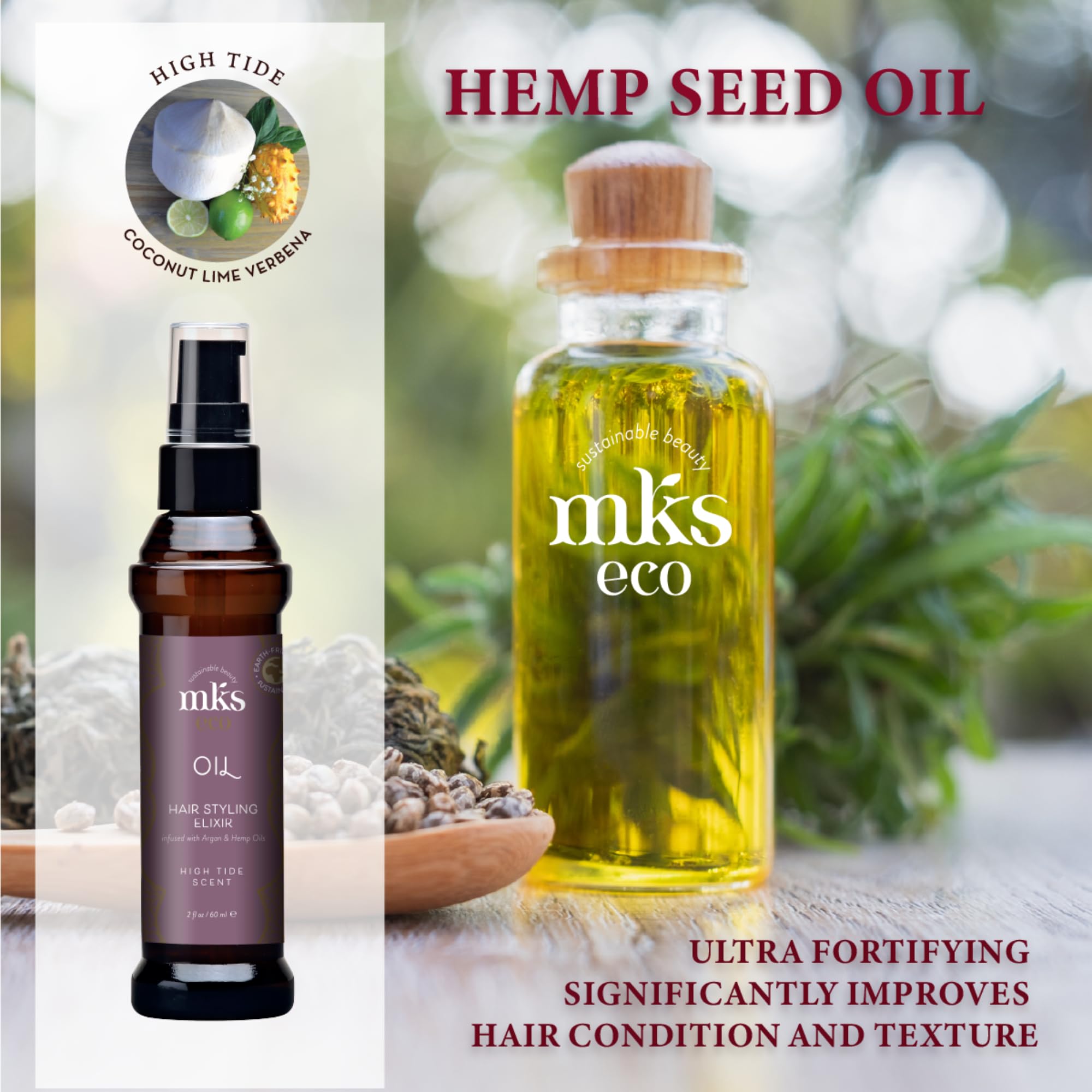 Earthly Body MKS Eco Oil High Tide bottle highlighting frizz control benefits
