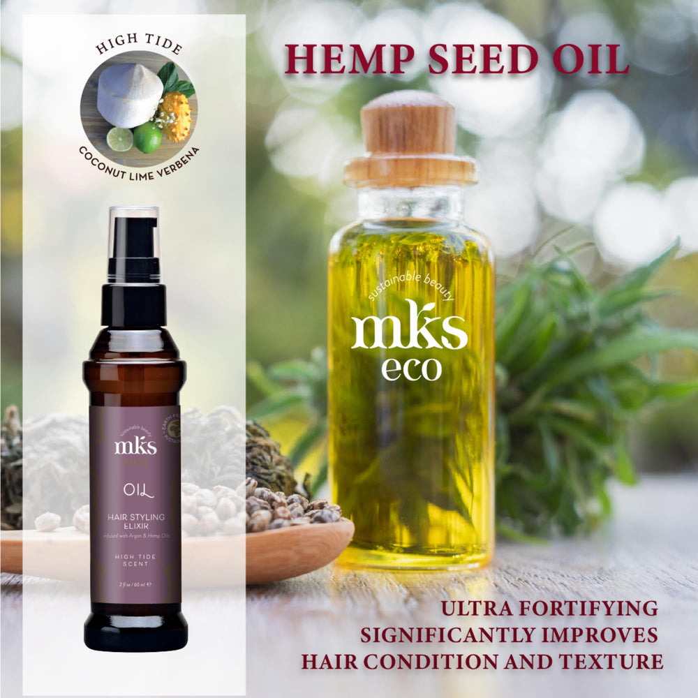 Earthly Body MKS Eco Oil High Tide bottle highlighting frizz control benefits