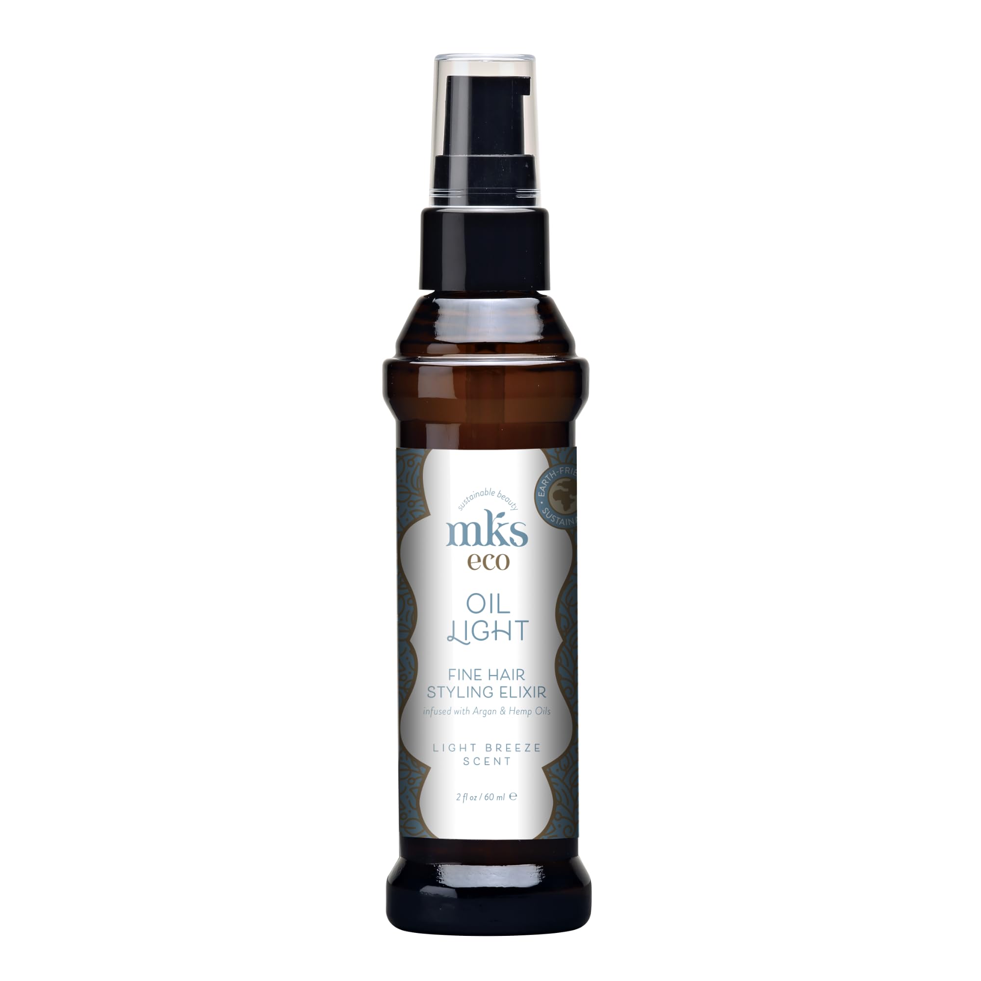 Earthly Body MKS Eco Oil Light Breeze bottle showing a weightless finish for fine hair.