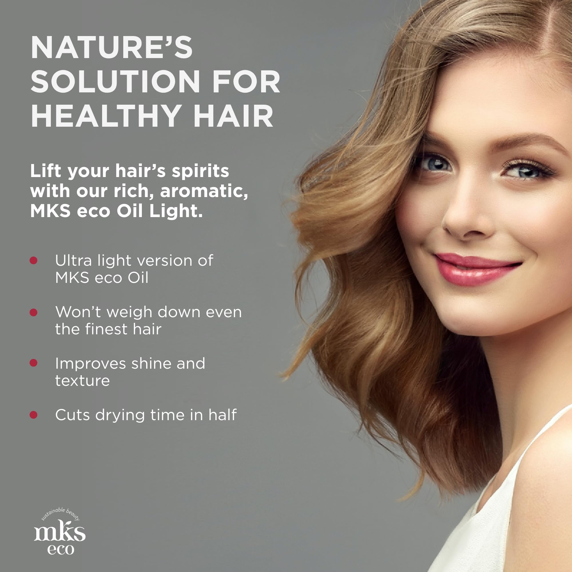 Earthly Body MKS Eco Oil Light Breeze applied to damp hair reduces frizz for smoother look.