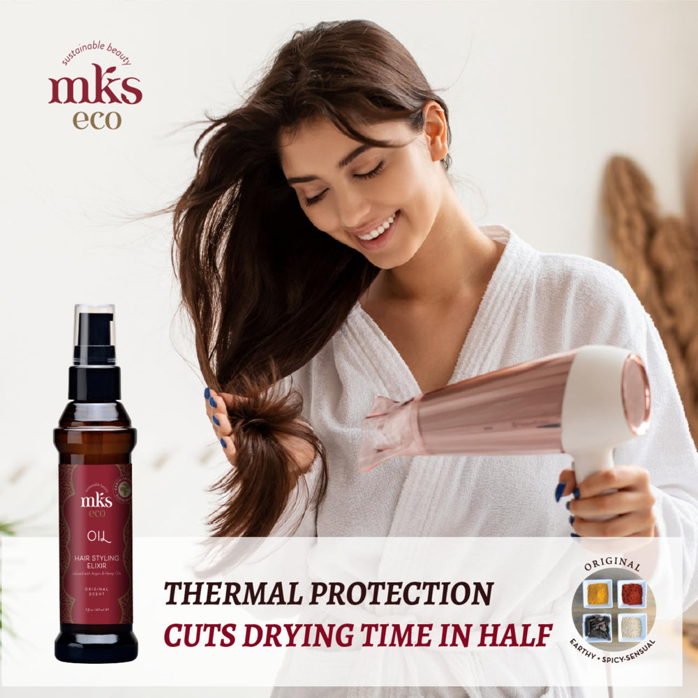 Earthly Body MKS eco Oil Original applied to damp hair for smoothness