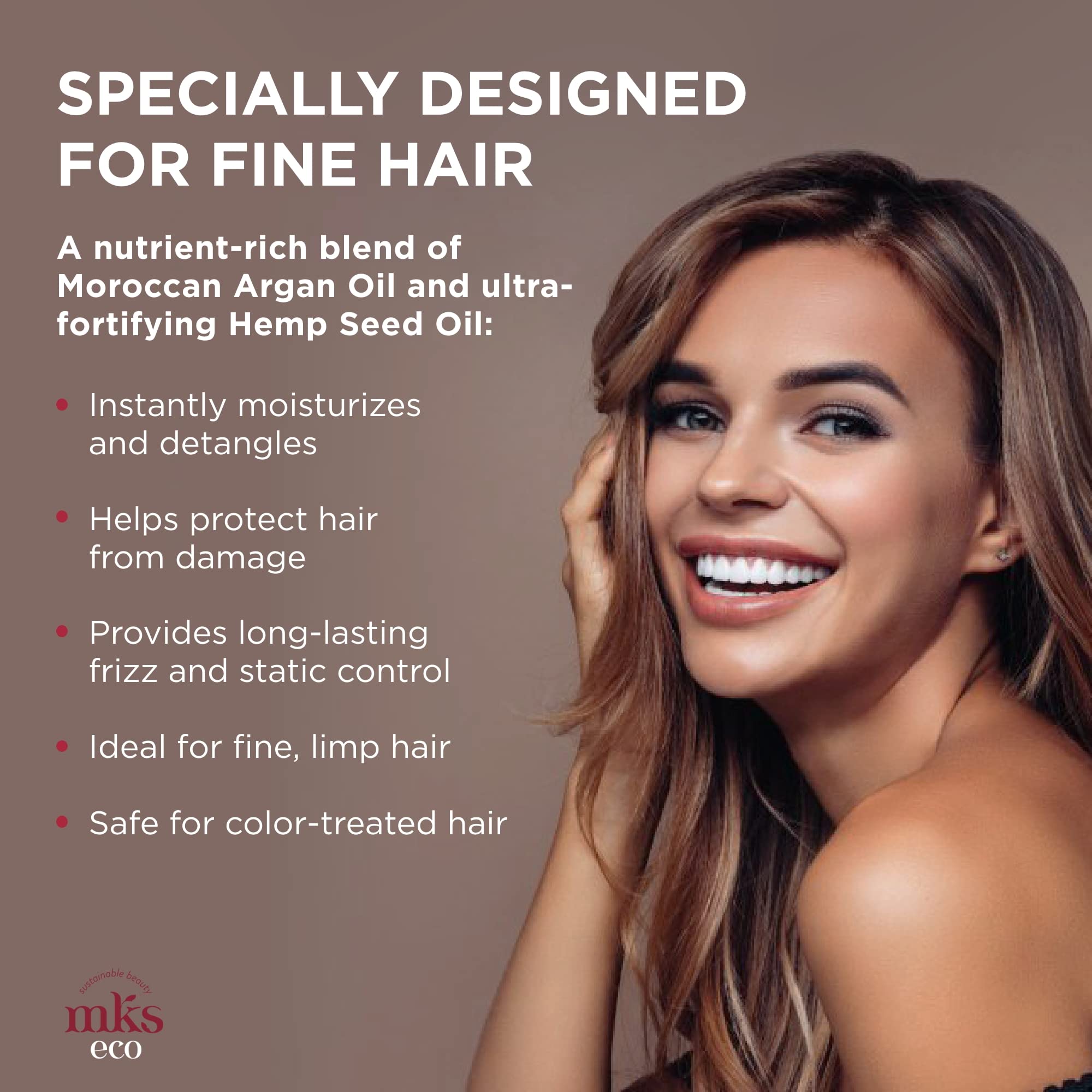 Earthly Body MKS eco X hemp seed oil formula supports lightweight moisture for fine hair