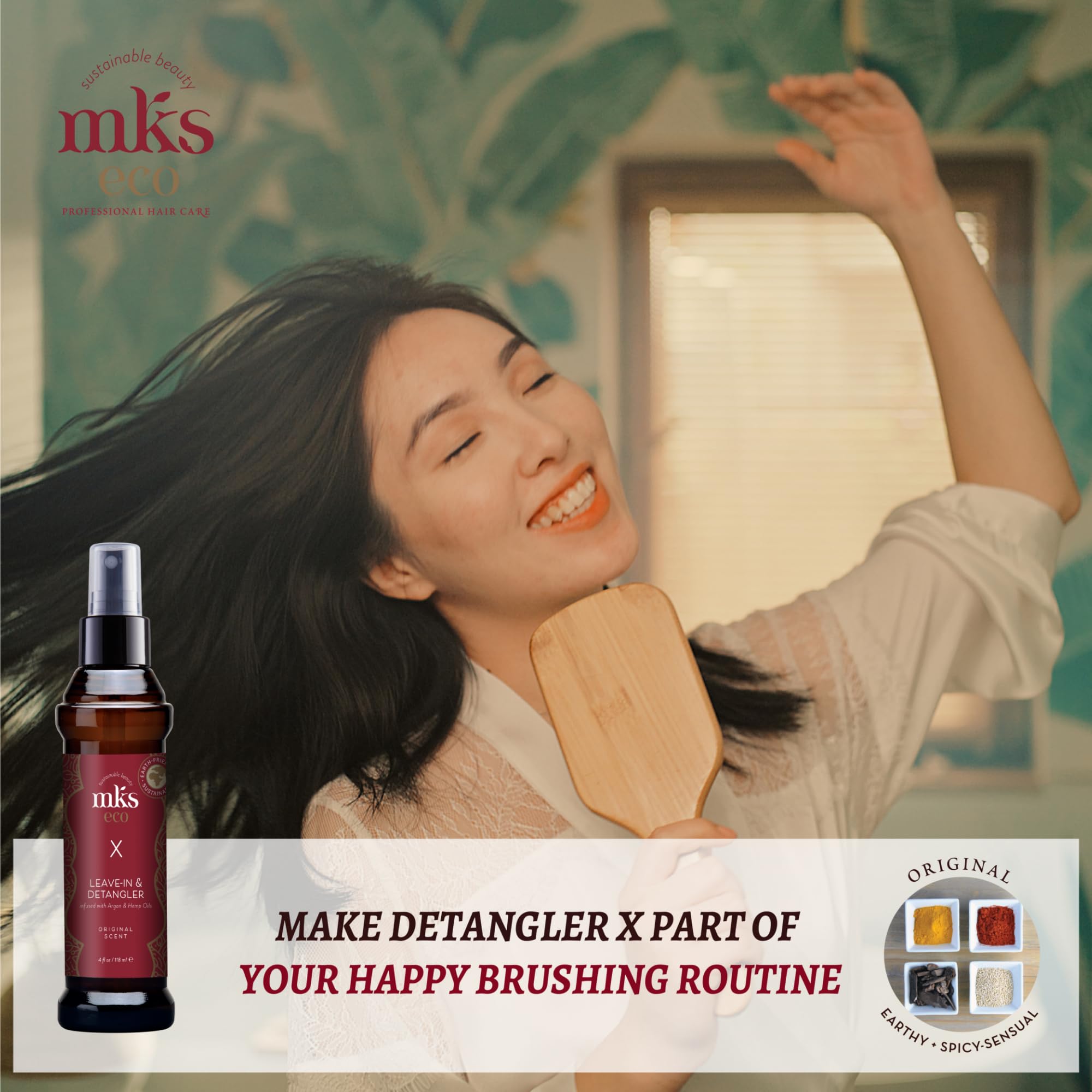 Earthly Body MKS eco X close-up shows smooth shine on hair.