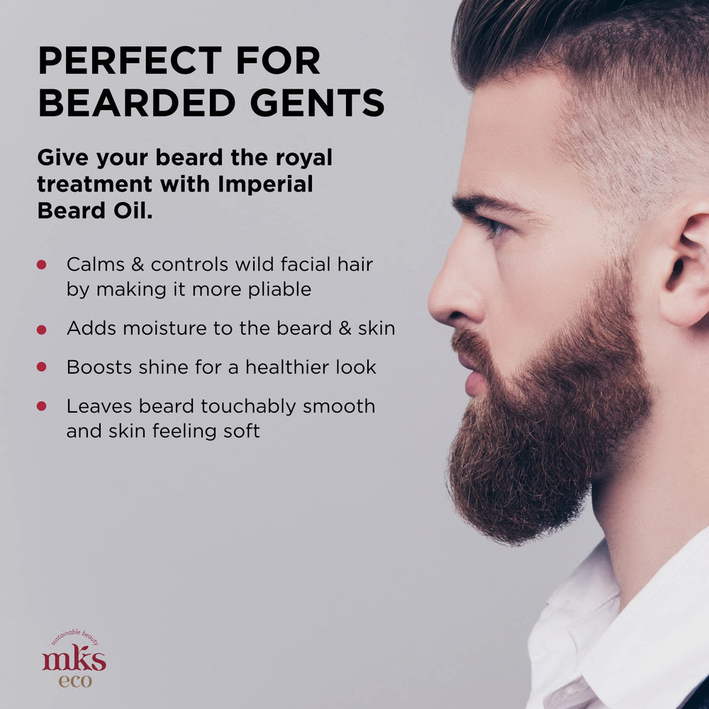 Earthly Body MKS Imperial Beard Oil sandalwood essence hints at a lasting masculine aroma.