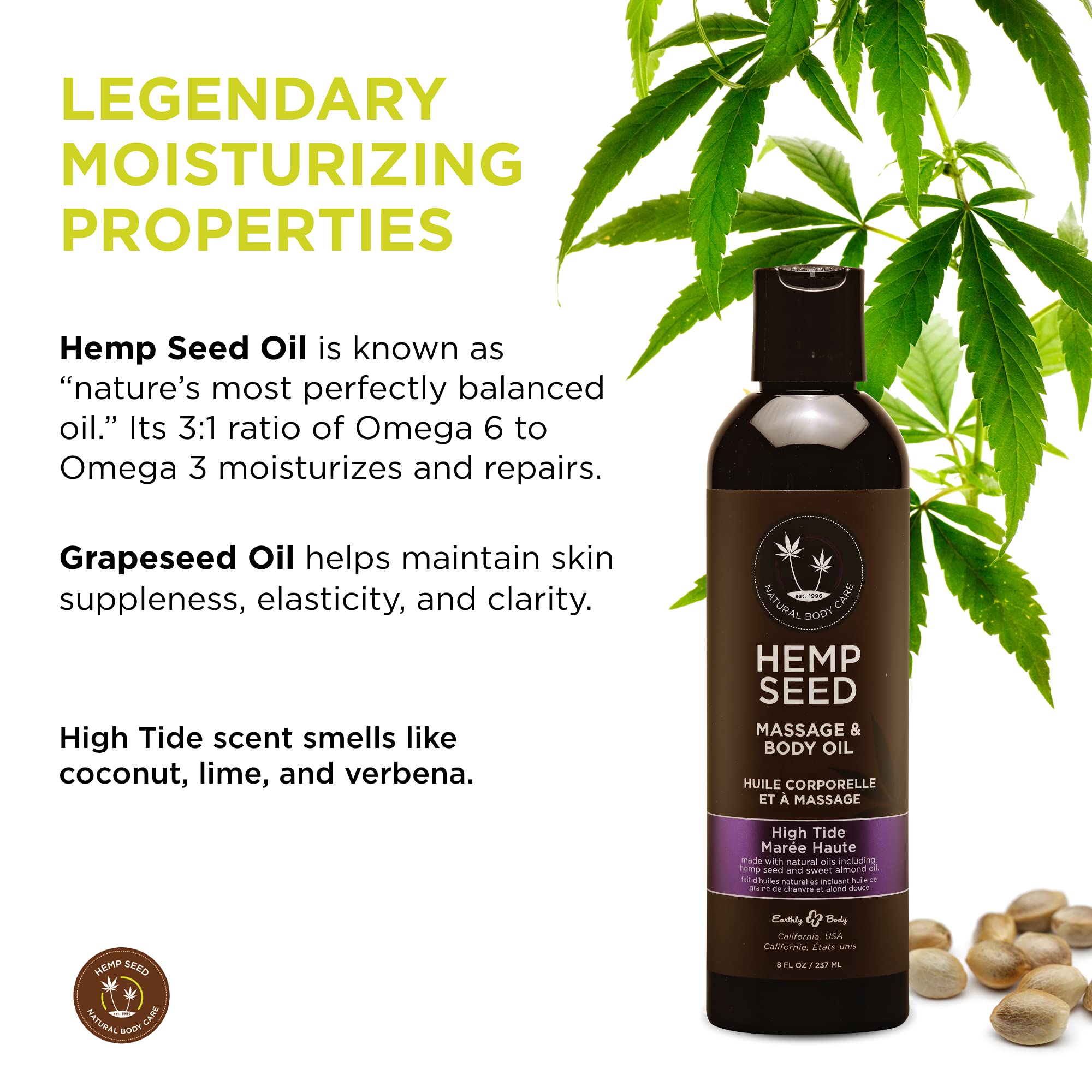 Earthly Body Hemp Seed Massage Oil High Tide on skin delivers slip without greasiness.