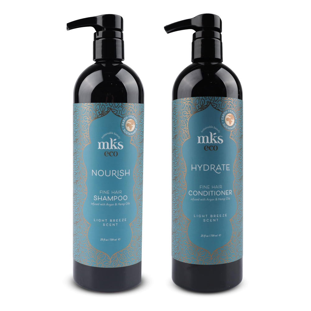 Earthly Body MKS eco Nourish Shampoo bottle shows a lightweight cleanse for fine hair.