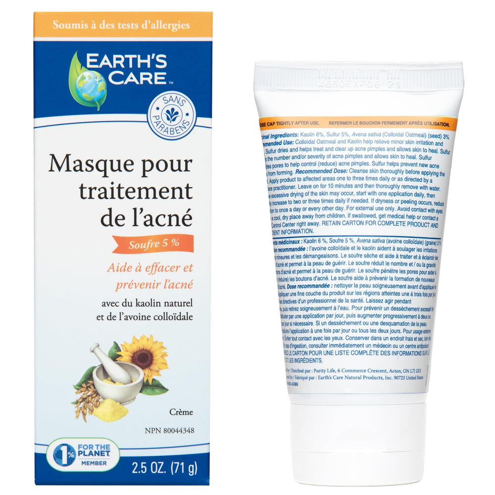 Earth's Care acne mask tube close-up highlighting 5% sulfur for pore care
