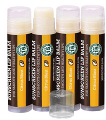 Earth's Daughter citrus SPF lip balm 4-pack showing the product and packaging for sun protection