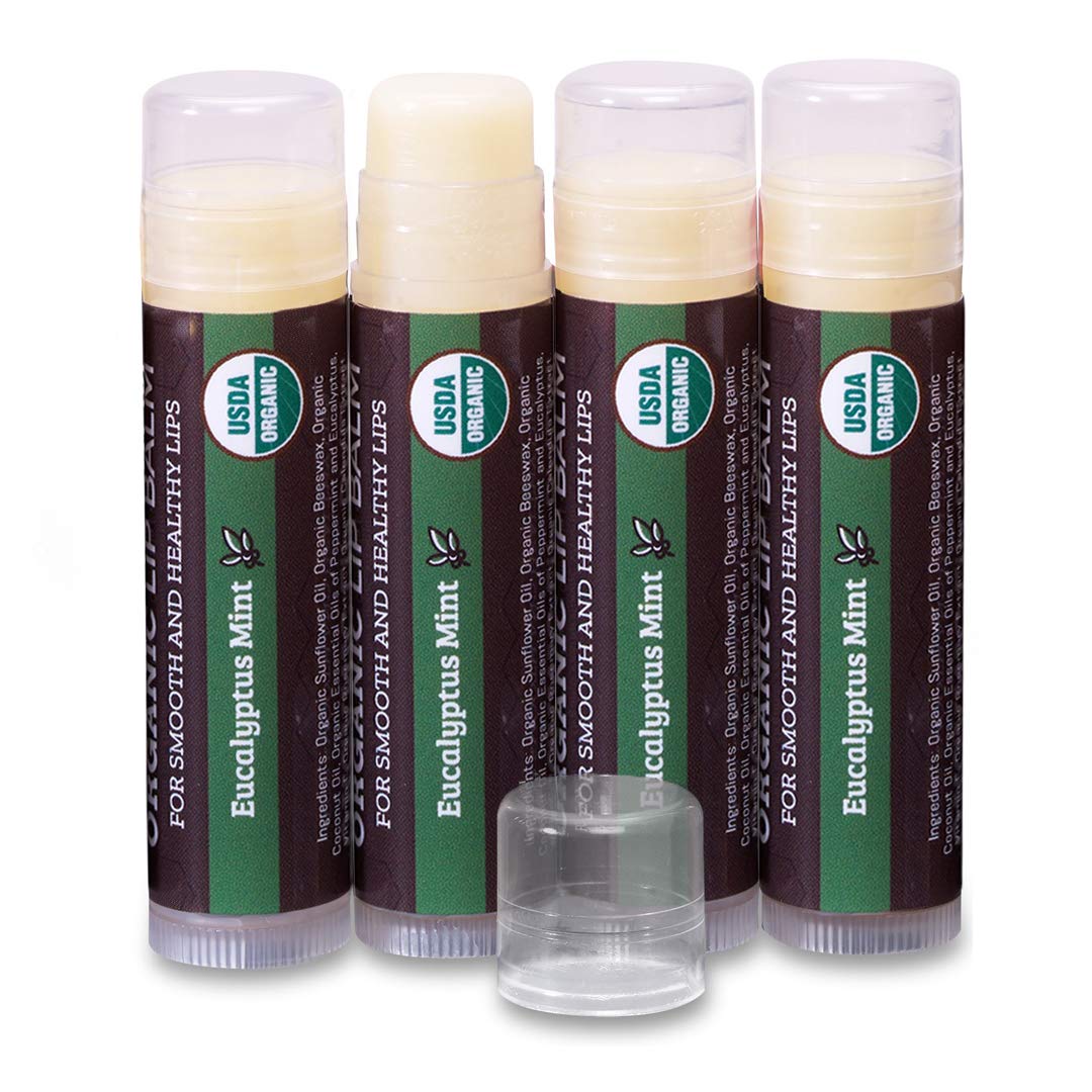 Earth's Daughter eucalyptus mint lip balm 4-pack front, family-friendly packaging.