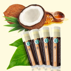 Earth's Daughter organic lip balm ingredients panel highlights beeswax and coconut oil for natural care