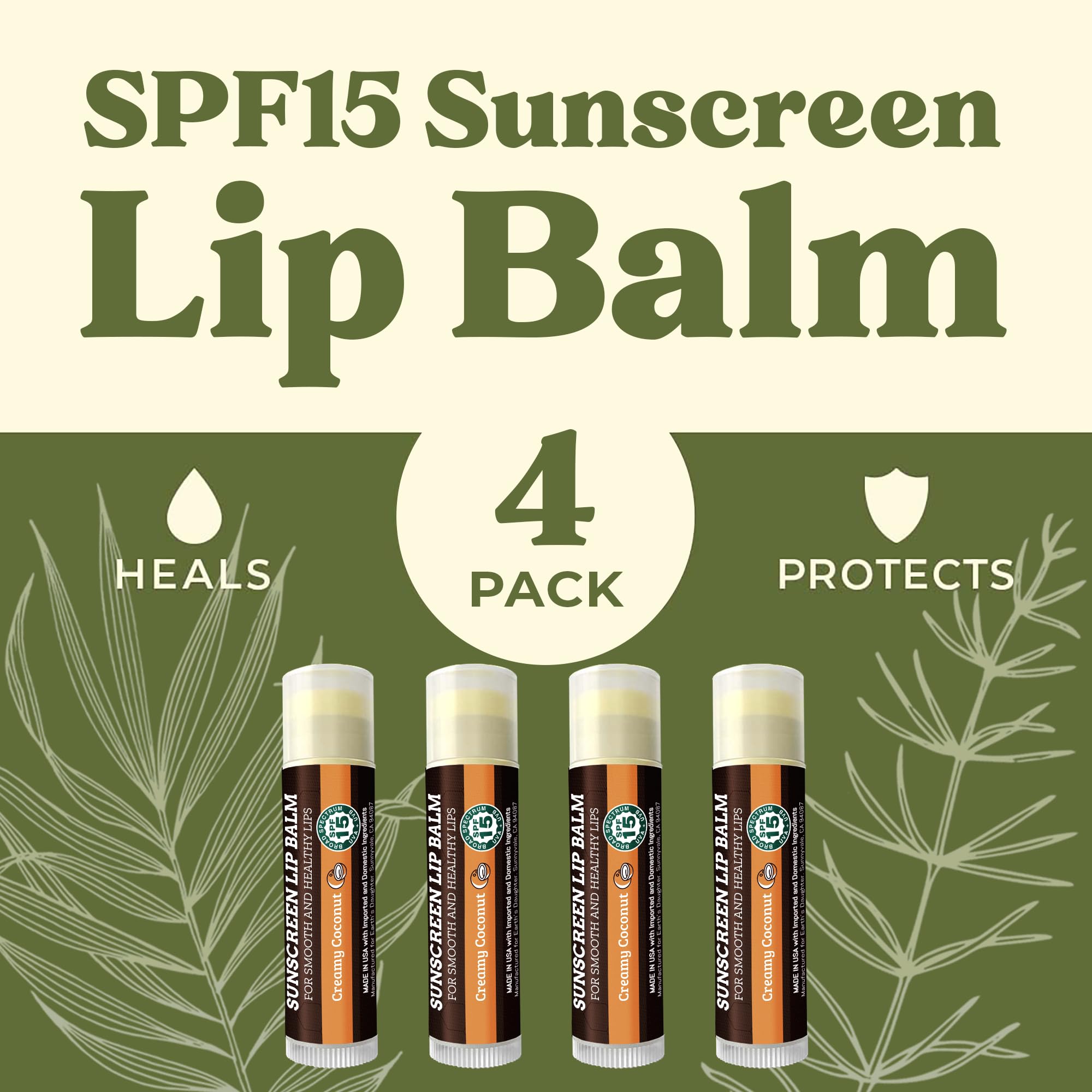 Earth's Daughter SPF Coconut Lip Balm 4-Pack tubes for on-the-go moisture.