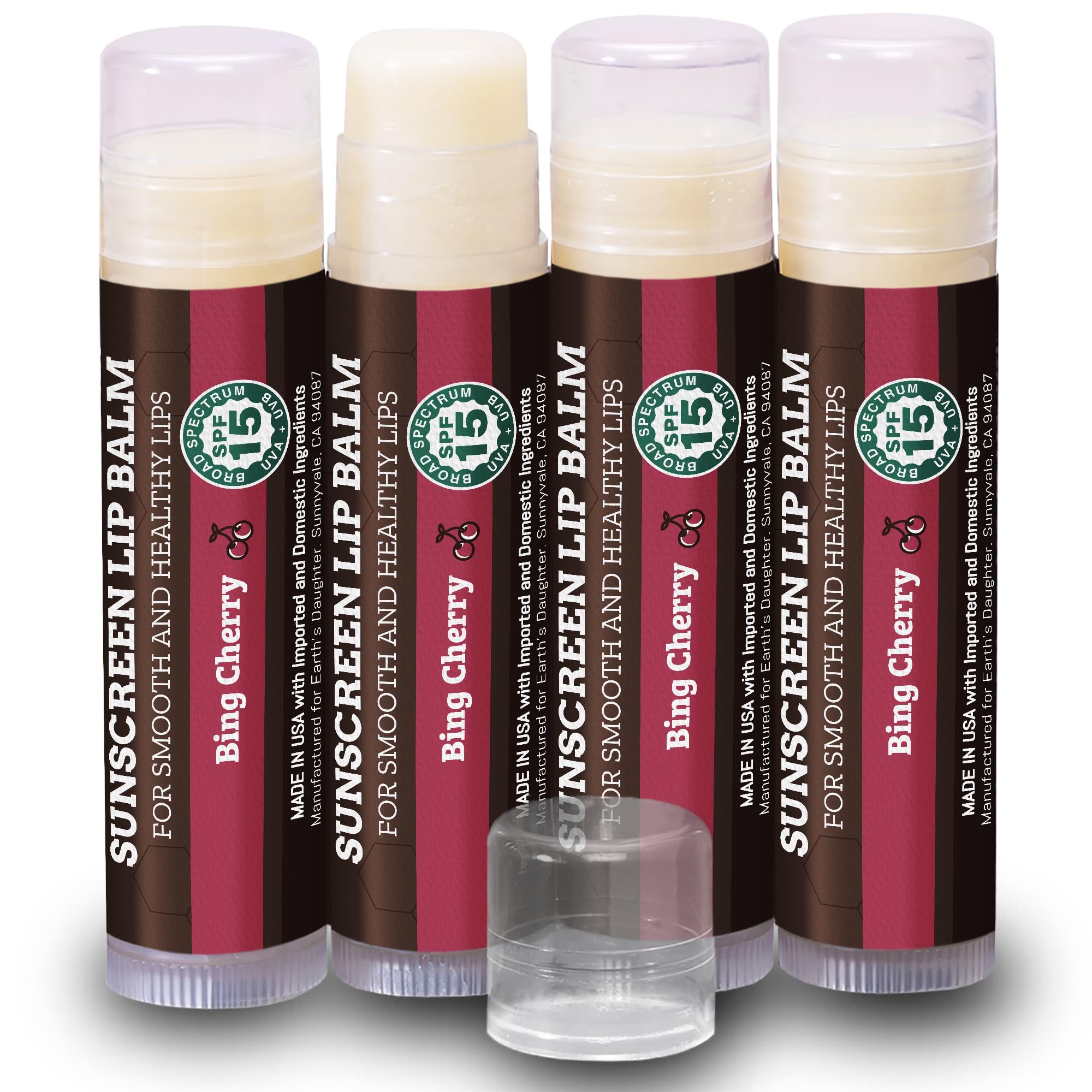 Earth's Daughter SPF lip balm cherry 4-pack packshot shows family-friendly protection
