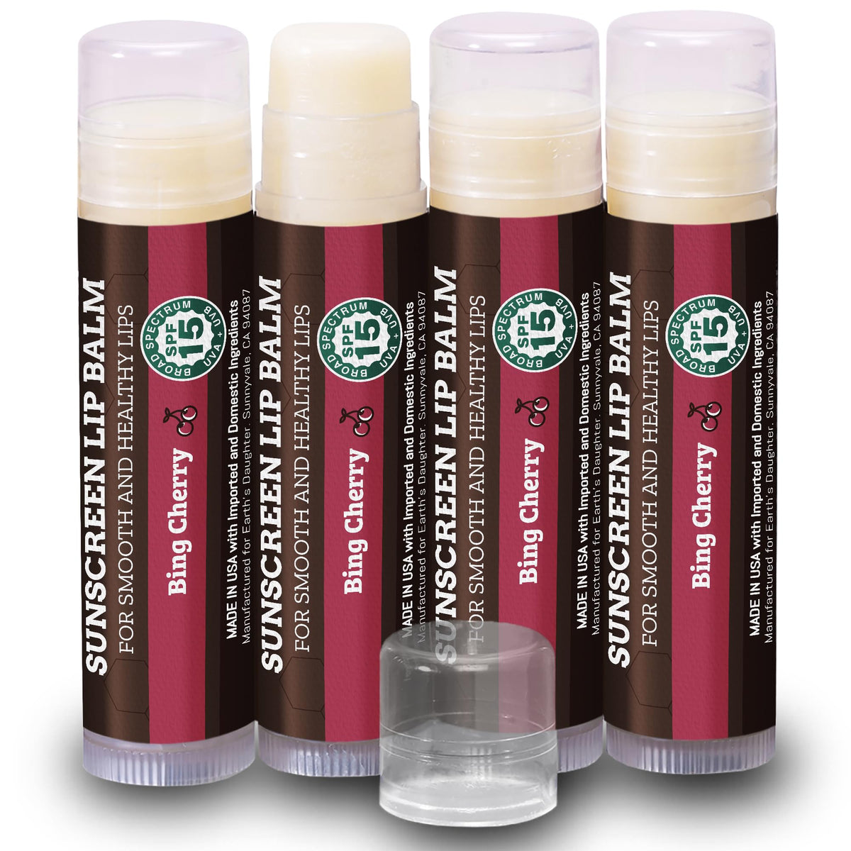 Earth's Daughter SPF lip balm cherry 4-pack packshot shows family-friendly protection