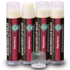 Earth's Daughter SPF lip balm cherry 4-pack packshot shows family-friendly protection