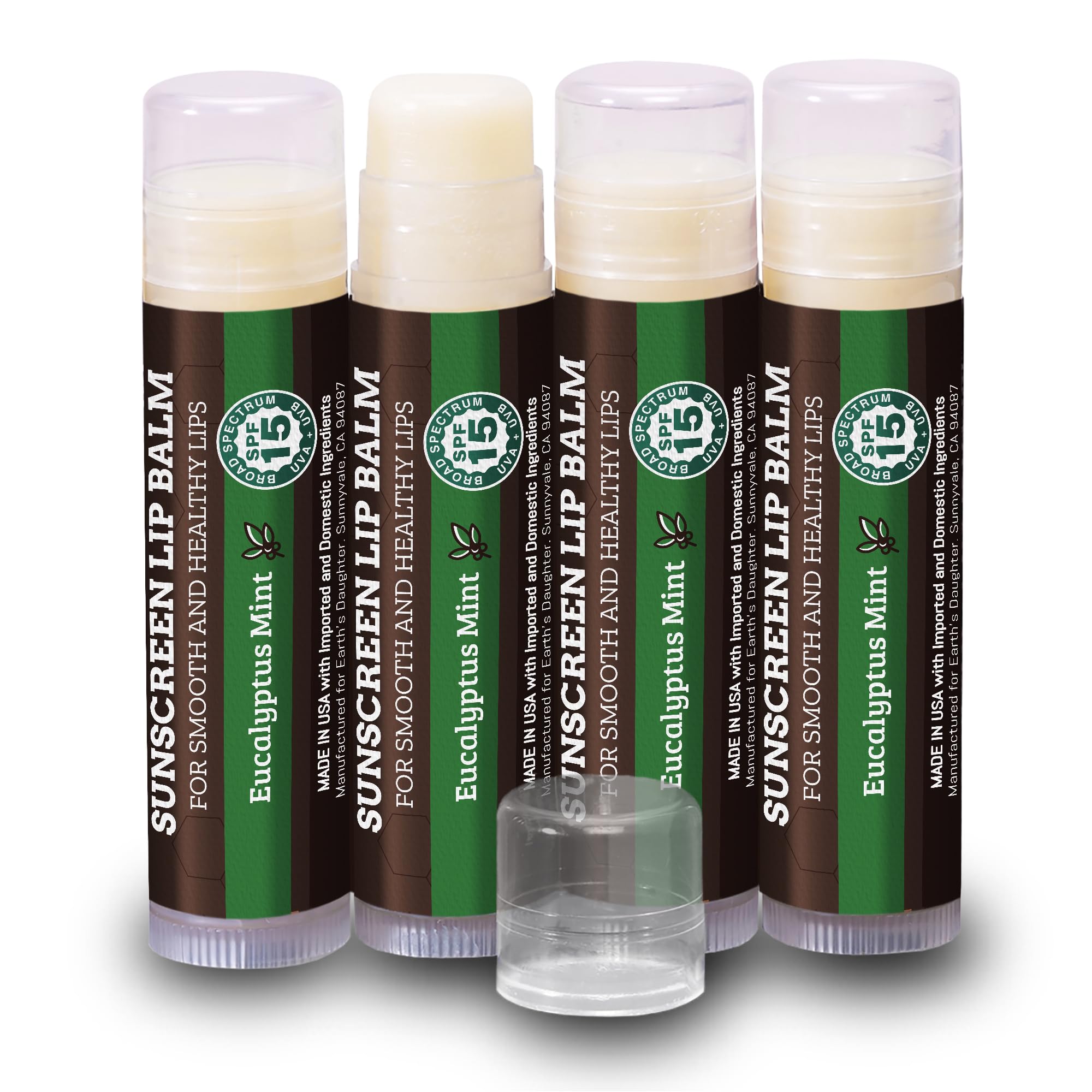 Earth's Daughter SPF lip balm eucalyptus mint 4-pack tube shown for sun protection.