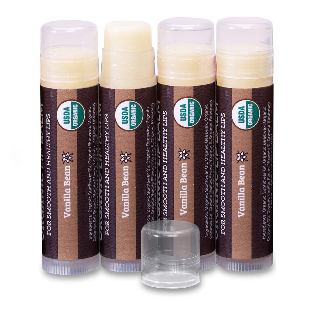 Earth's Daughter vanilla lip balm 4-pack packaging, eco-friendly and recyclable.