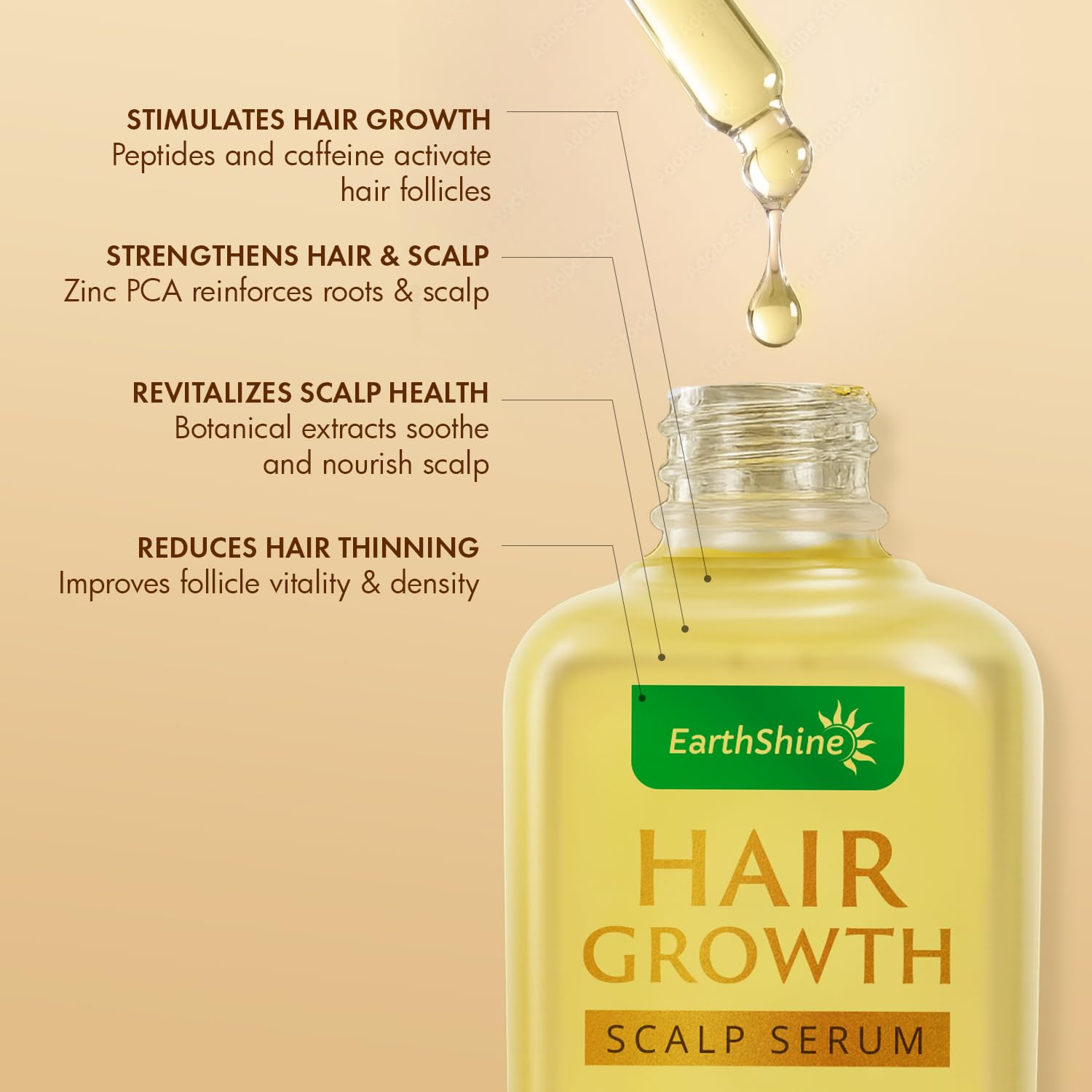 EarthShine scalp serum drops applied to clean scalp for quick absorption.