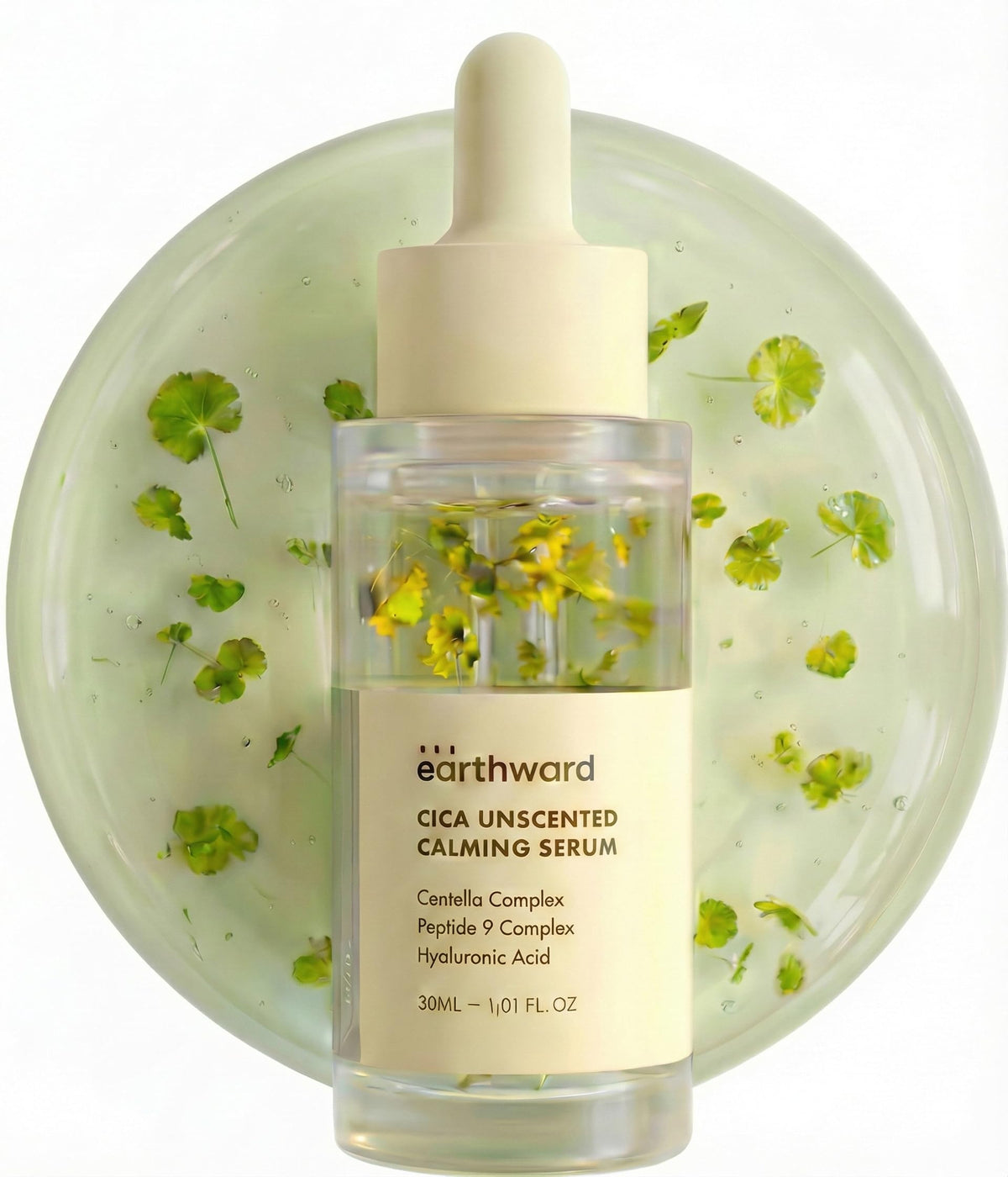 Earthward Centella Serum bottle shows unscented calming formula.