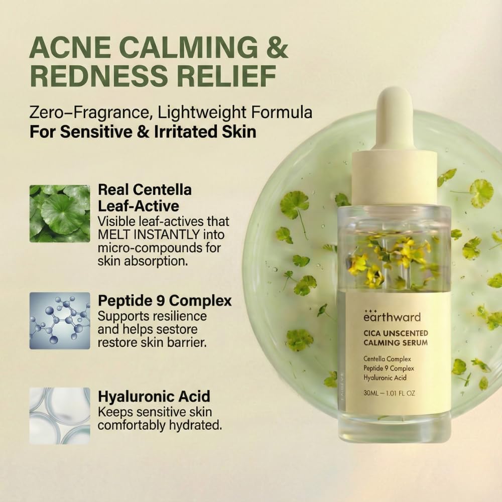 EARTHWARD Centella Serum dropper close-up shows concentrated actives for redness-prone skin