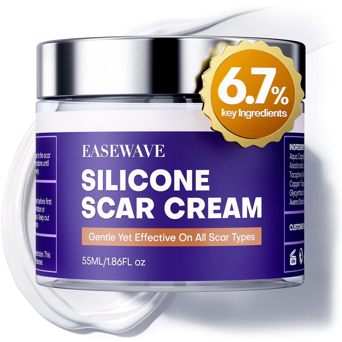 EASEWAVE scar cream bottle closeup highlighting soothing hydration for healing skin.