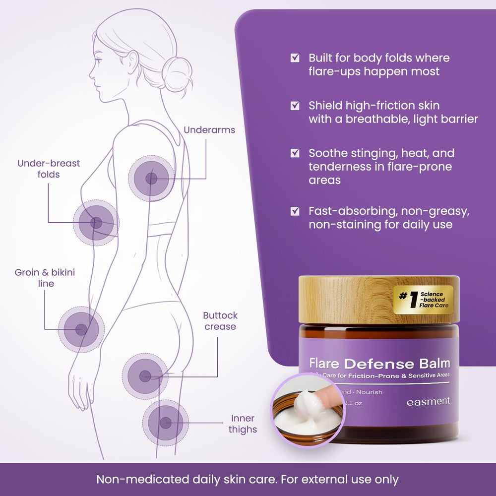 Easment Flare Defense Balm non-greasy finish on skin closeup.