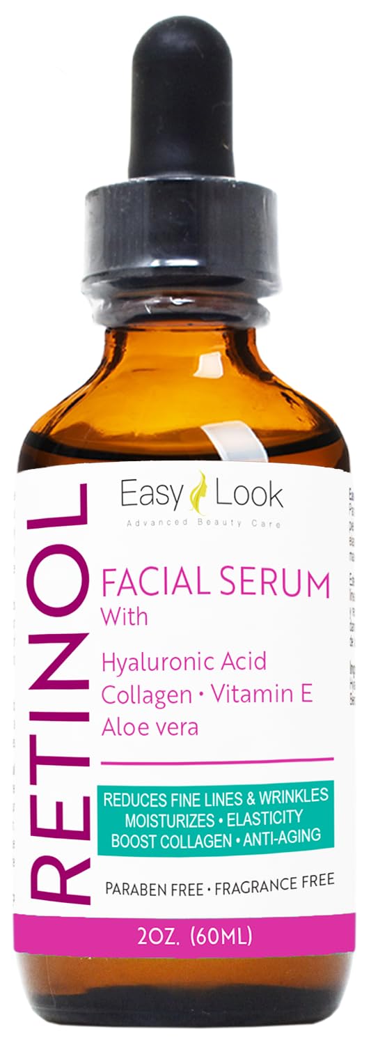Easy Look Retinol Serum bottle highlights hydrating formula for smoother, firmer skin.