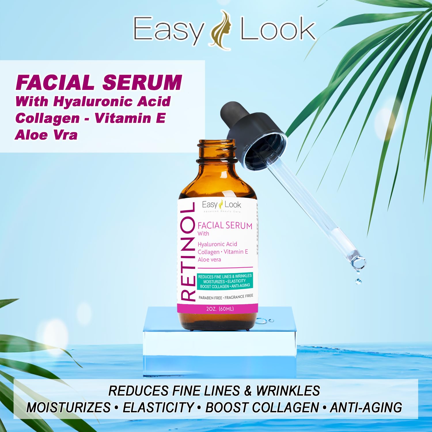 Premium packaging visuals highlighting the product’s anti-aging formulation.