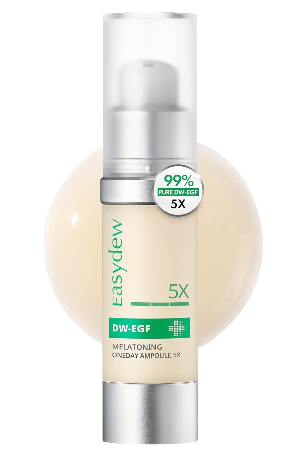 EASYDEW DW-EGF Melatoning Ampoule bottle showcases hydrating formula for even skin tone.
