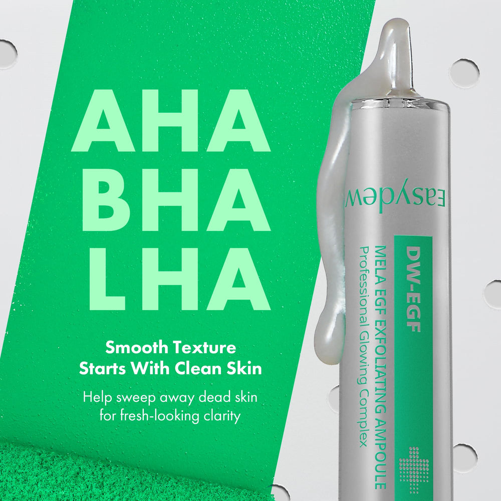 Easydew Mela AHA/BHA/LHA exfoliation visual for gentle resurfacing.