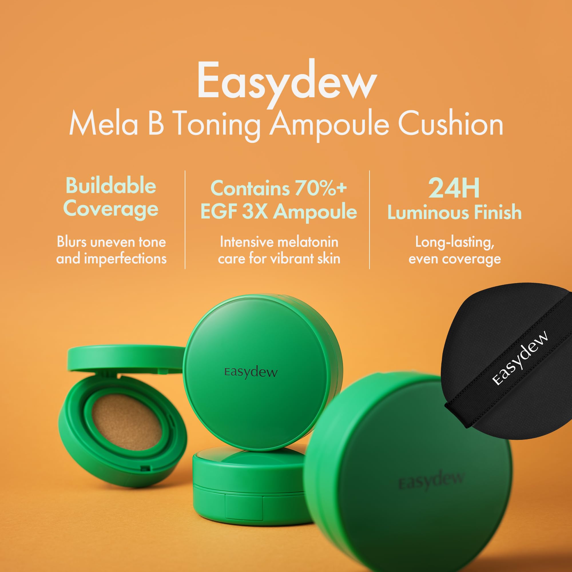 EASYDEW Mela B Cushion closeup shows silky texture and buildable coverage for a smooth look.