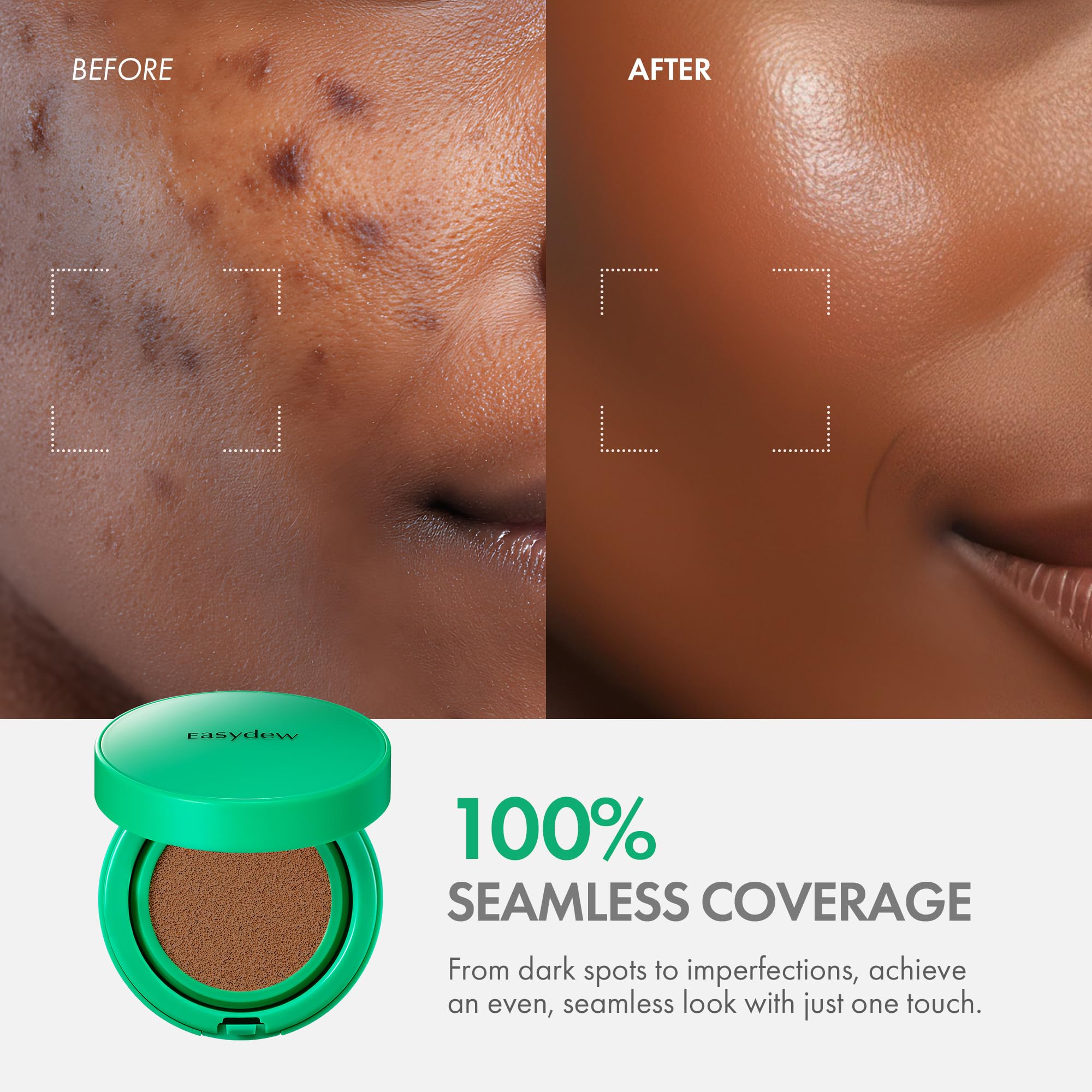 EASYDEW Mela B Cushion large coverage demonstration shows even application.