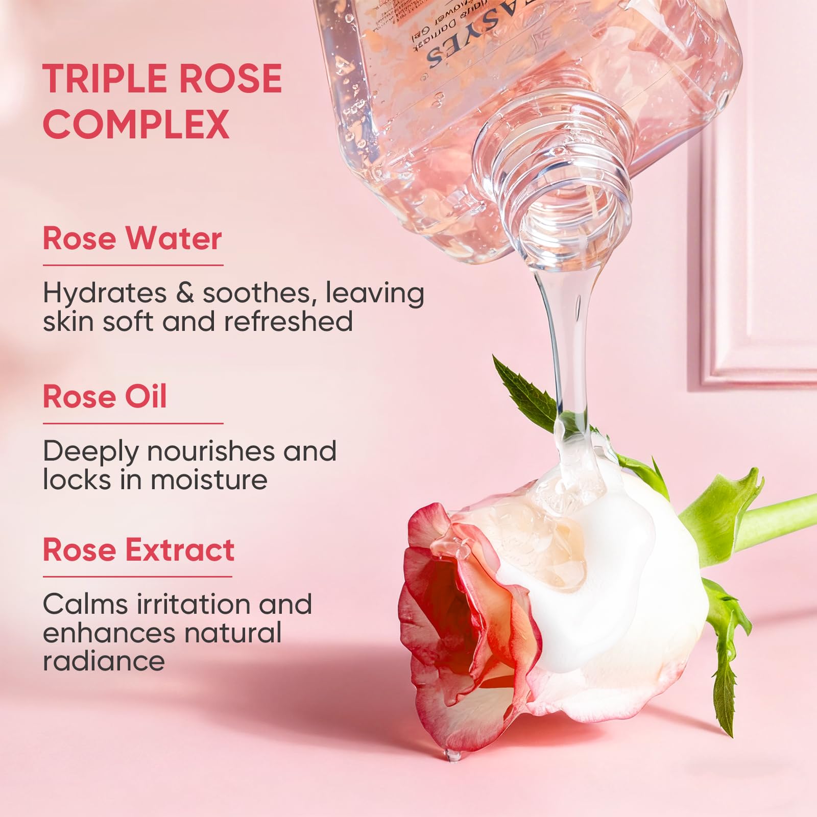 Easyes Rose Elixir foam close-up demonstrates soft, skin-friendly lather.