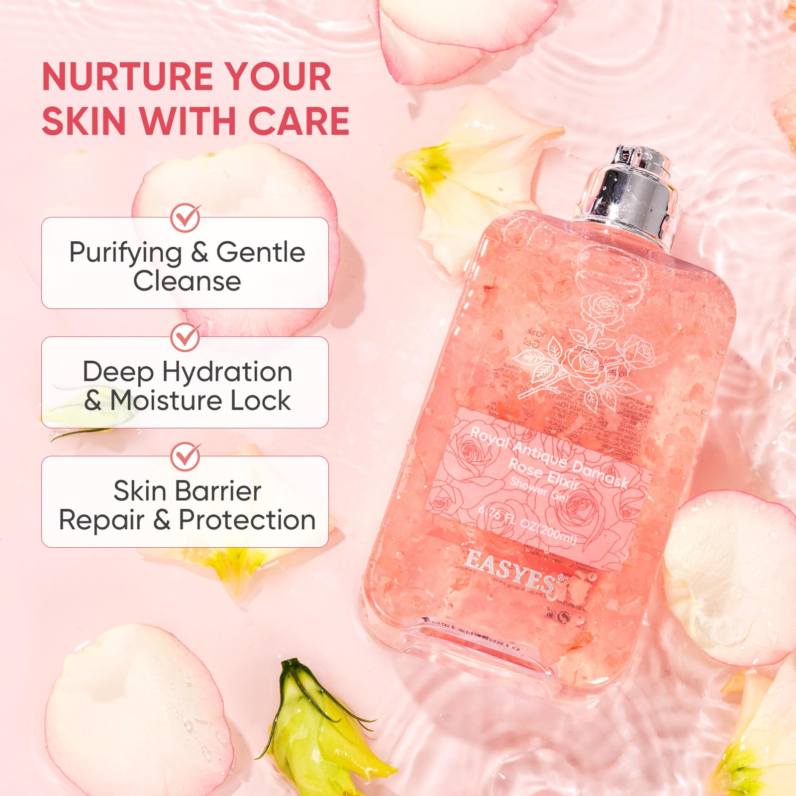 Easyes Rose Elixir rose petals in gel emphasize nourishing cleanse.