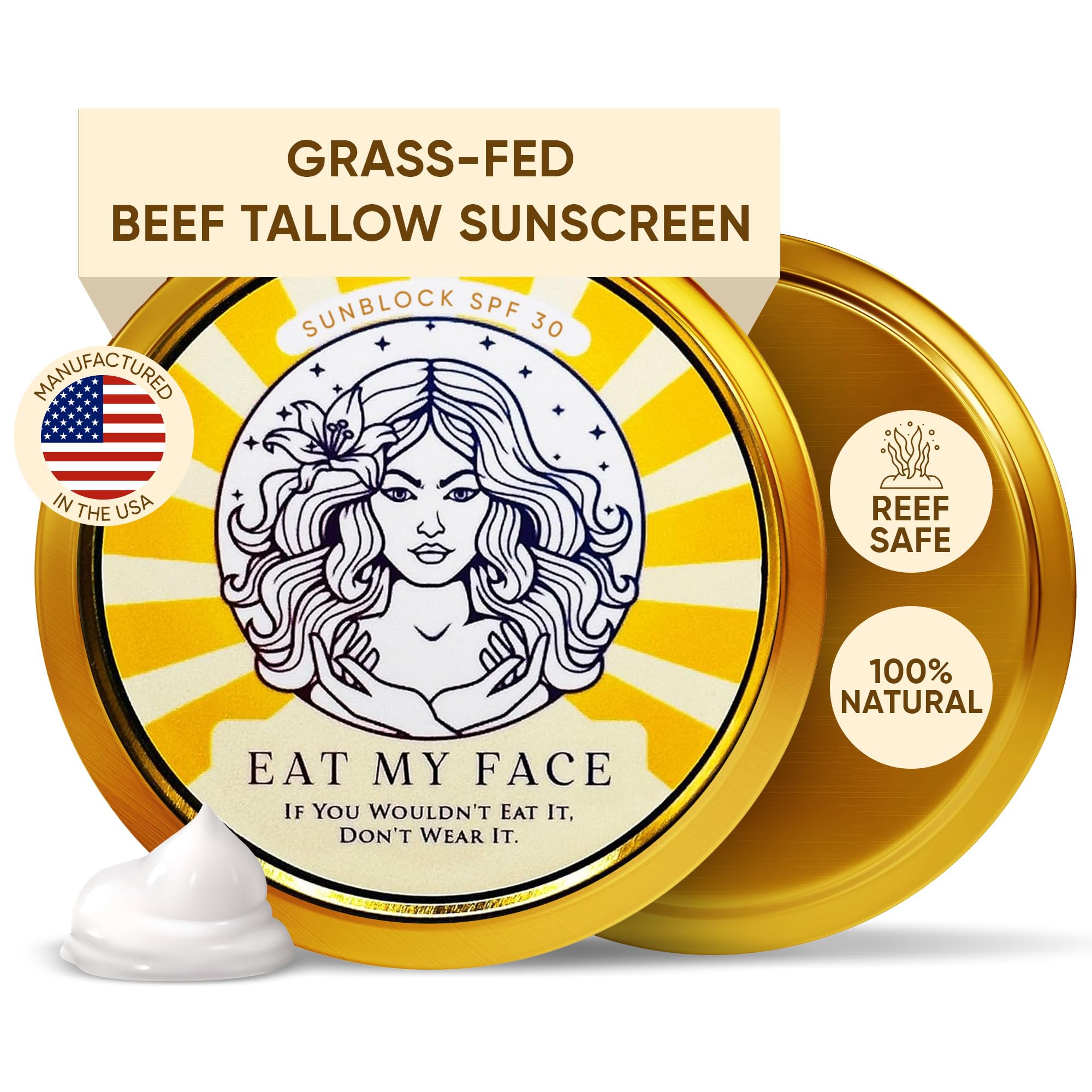 Eat My Face beef tallow sunscreen packaging highlights eco friendly materials.
