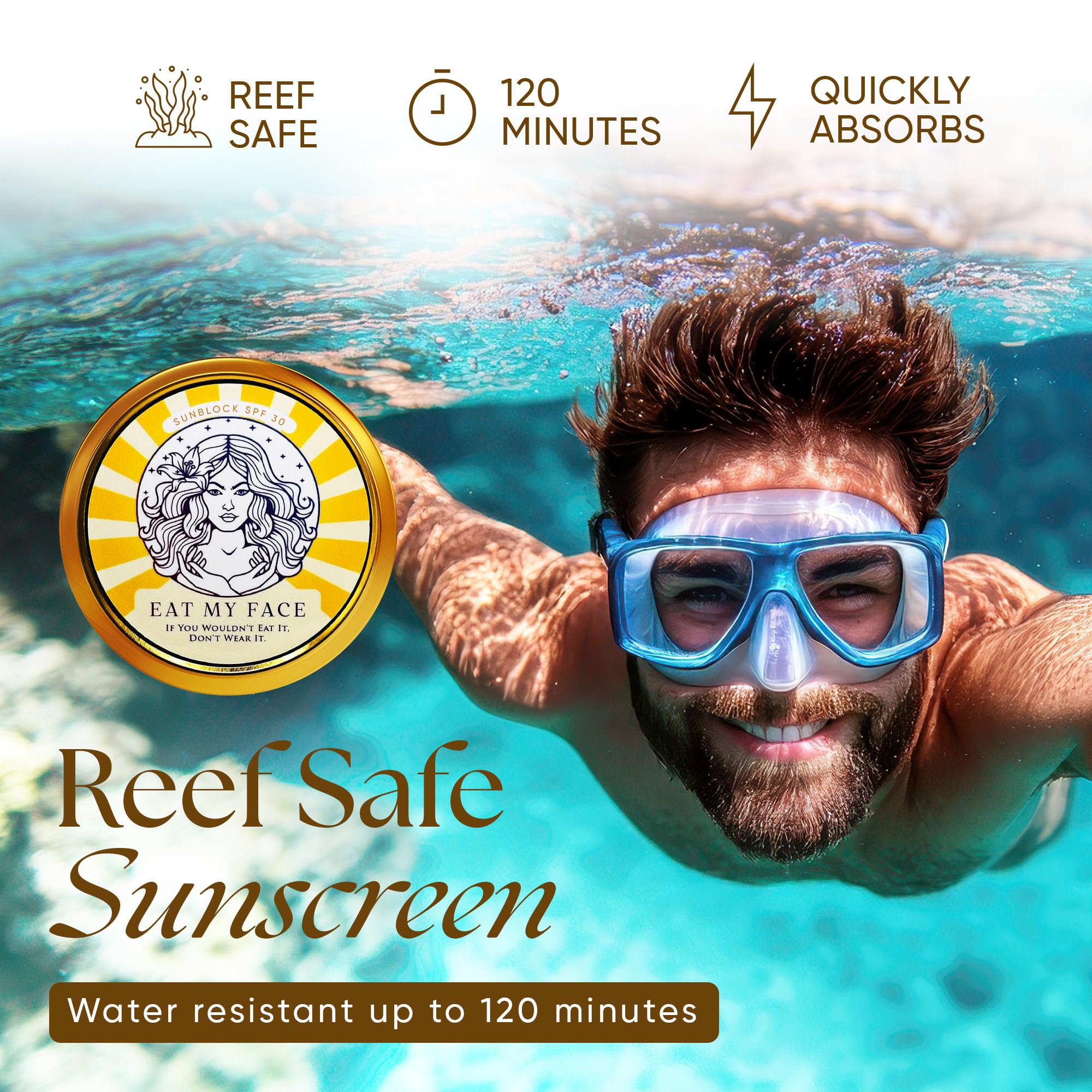 Eat My Face reef safe sunscreen demonstrates marine friendly protection.